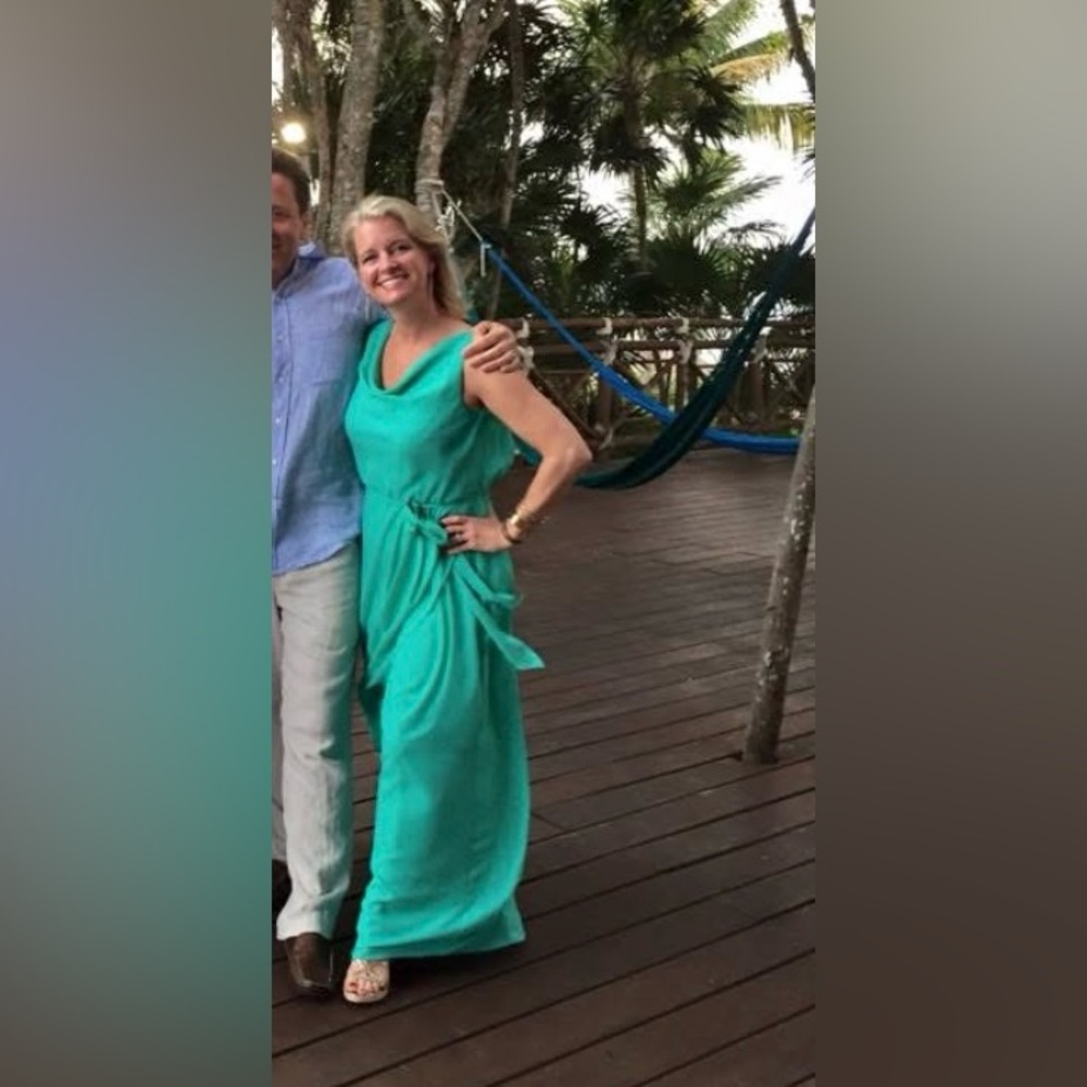 Nouvelle turquoise flowy dress with cowl neck~ size Small